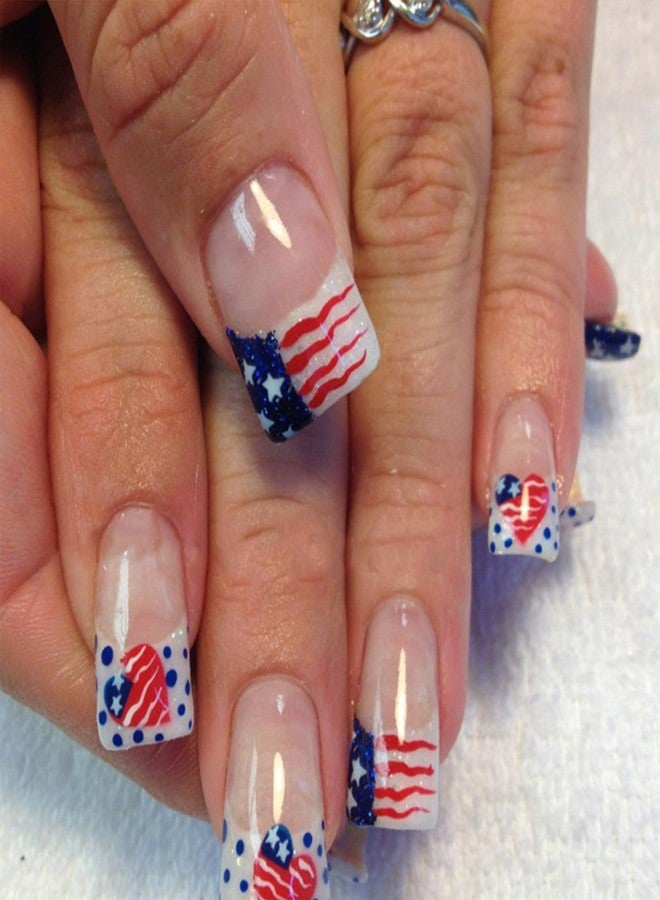 LRKNNO Independence Day French Tip Press on Nails Short Square Fake Nails Heart American Flag White Nails Tips Full Cover Acrylic Nails with Design Glossy 4th of July Glue on Nails for Women Girls 24Pcs - Image 1